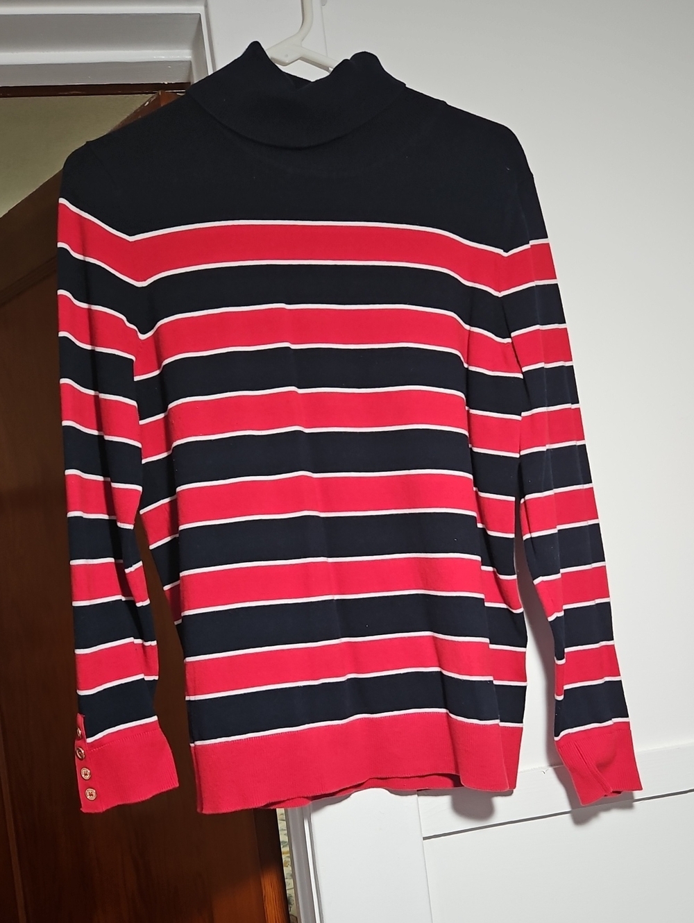 Tommy Hilfiger Stretchy Striped Red White Blue Turtleneck Sweater Size L EUC